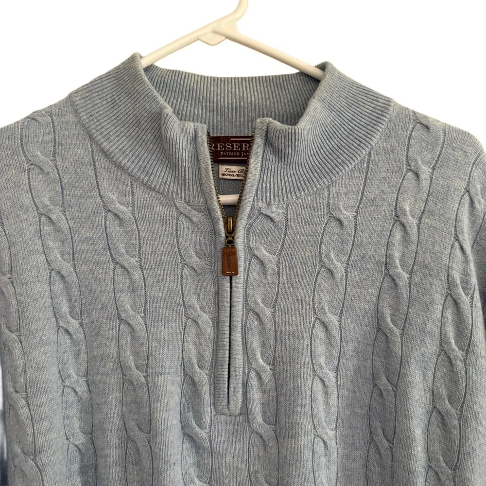 Patrick James Reserve Wool Cashmere Blue Cable Knit Grandpa Quarter Zip Sweater